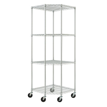 A chrome Trinity 4-Tier Corner Wire Shelving Rack with wheels is positioned against a white background. The shelving unit has four triangular shelves, with each shelf supported by three vertical poles.