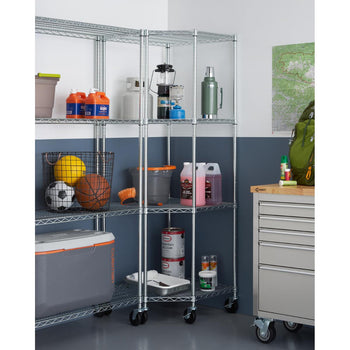 A chrome wire shelving unit with four tiers, on wheels, is packed with various items in a garage. On the shelves are a large cooler, a basket with sports balls, cleaning supplies, paint cans, a portable stove, and a thermos.