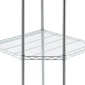 A close-up shot shows the center shelf of a Trinity EcoStorage 4-Tier Corner Wire Shelving Rack. The chrome-plated wire shelf is triangular to fit into a corner, supported by three vertical poles.