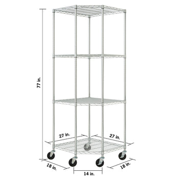 A four-tier chrome corner wire shelving unit with wheels is shown from a slightly elevated angle. The dimensions are labeled: 77 inches high, with the top and bottom shelves measuring 27 inches on the two visible sides, and the base measuring 18 inches deep on the visible sides and 14 inches across the front.