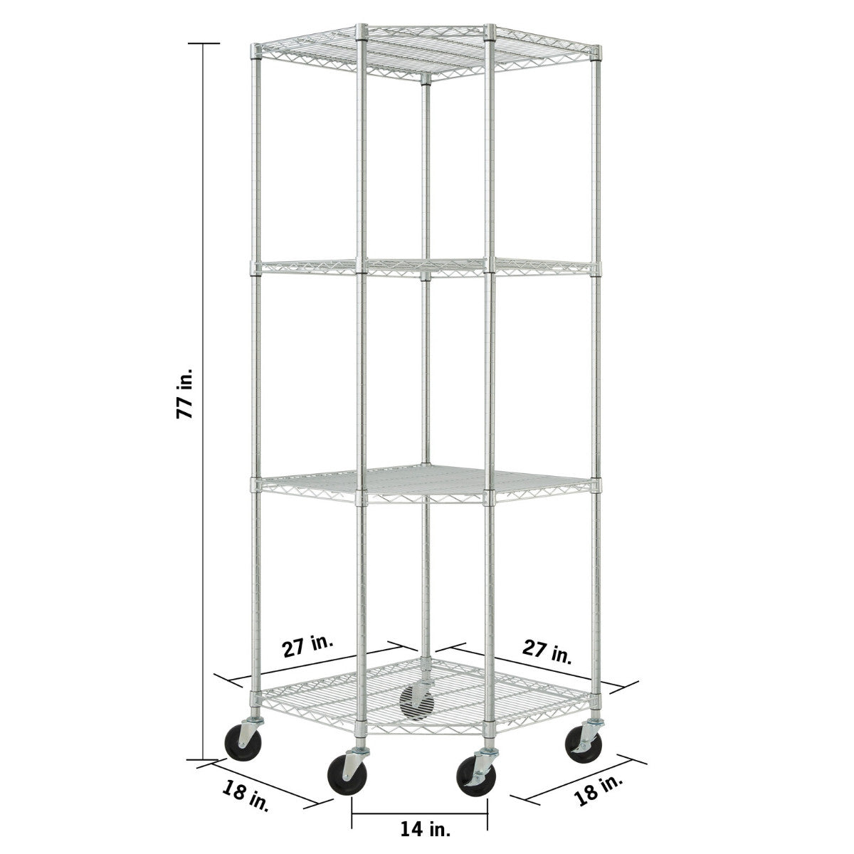 A full-body shot of a 4-Tier Corner Wire Shelving Rack on wheels. The shelf is silver and has four triangular shelves, with dimensions indicating it is 77 inches tall, 27 inches wide on the front sides, and 18 inches deep, with a 14-inch measurement across the back corner.