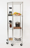 A four-tier chrome metal wire shelving unit is on wheels against a white background. The shelves hold various kitchen items, including a blender, a bowl of fruit, a cooking pot, utensils, spice jars, and a serving dish.