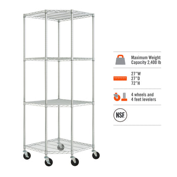 A silver, four-tier corner wire shelving unit is shown with four wheels on its base. To the right, text provides product details: a maximum weight capacity of 2,400 lb, dimensions of 27