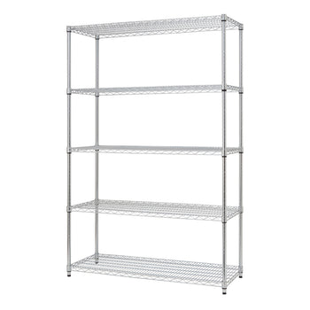 A tall, five-tier wire shelving unit stands against a white background. The shelves and supporting poles are made of shiny chrome.
