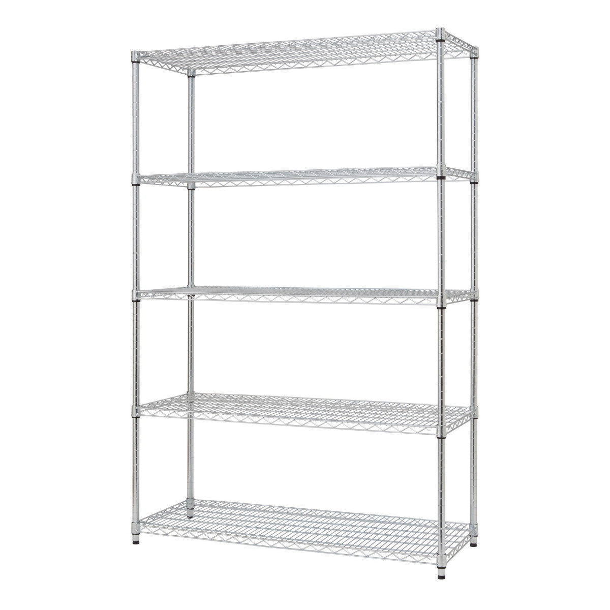 A tall, five-tier wire shelving unit stands against a white background. The shelves and supporting poles are made of shiny chrome.