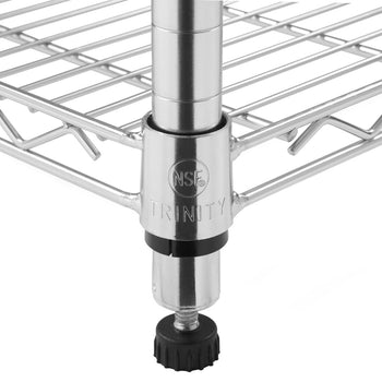 A close-up shows the bottom corner of a Trinity 5-Tier Wire Shelving Rack. The image highlights the chrome-finished pole, a black plastic shelf support piece with the 