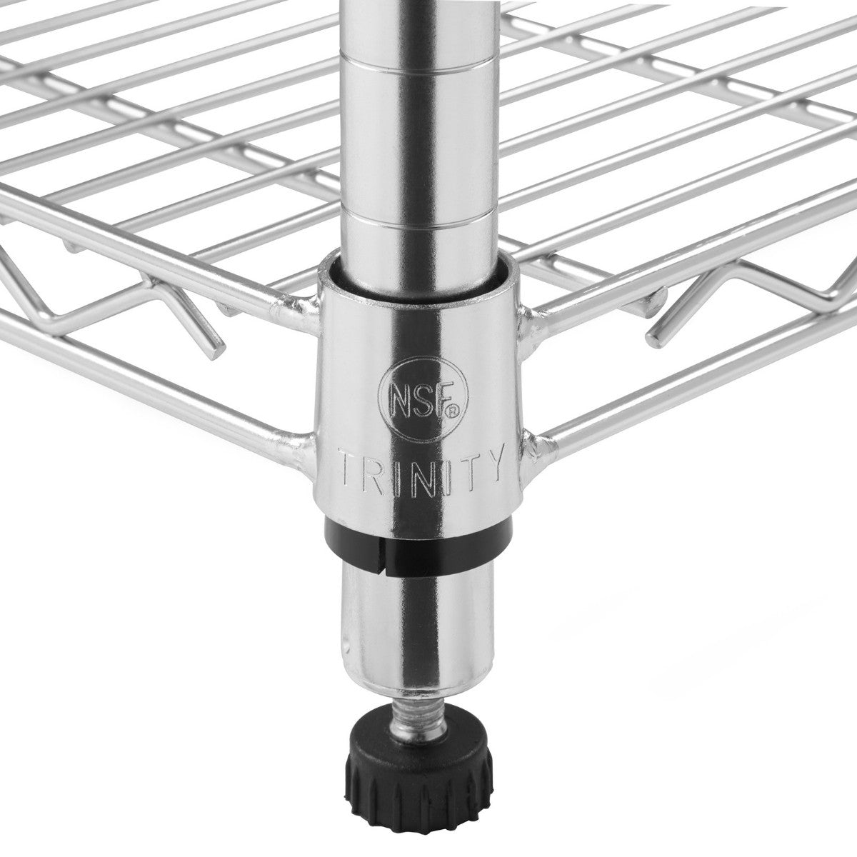 A close-up shows the bottom corner of a Trinity 5-Tier Wire Shelving Rack. The image highlights the chrome-finished pole, a black plastic shelf support piece with the "TRINITY" and "NSF" logos, and a black leveling foot with ridges.