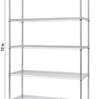 A chrome wire shelving unit with five tiers stands against a white background. Dimensions are indicated with arrows: the height is 72 inches, the width is 48 inches, and the depth is 18 inches.