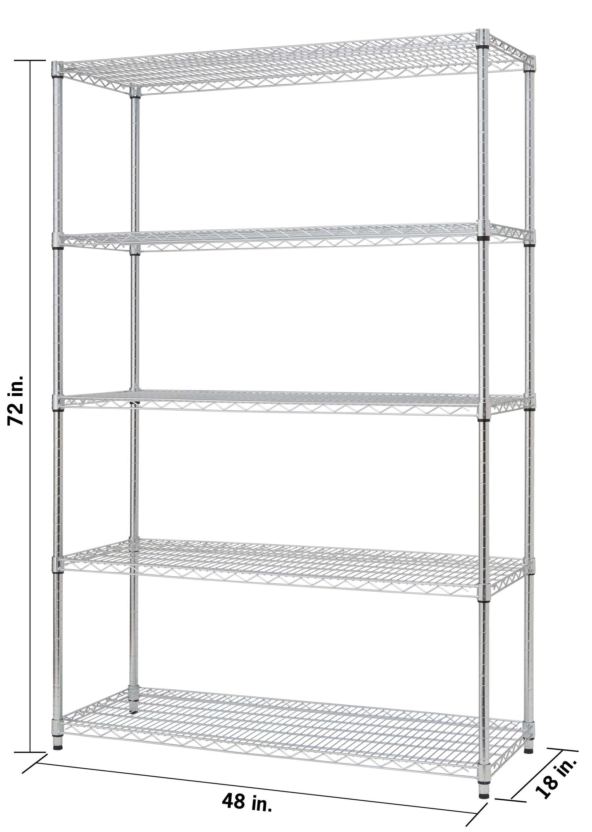 A chrome wire shelving unit with five tiers stands against a white background. Dimensions are indicated with arrows: the height is 72 inches, the width is 48 inches, and the depth is 18 inches.