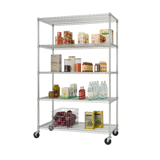 A tall, five-tier wire shelving rack on wheels is shown against a white background. The shelves hold various pantry items, including canned goods, boxes, jars, bottles, and a wire basket filled with red onions.