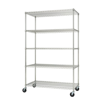 A tall, chrome wire shelving unit with five tiers sits on black wheels against a white background. The shelving rack has an open design made of thin, shiny metal wires forming a grid pattern for each shelf.