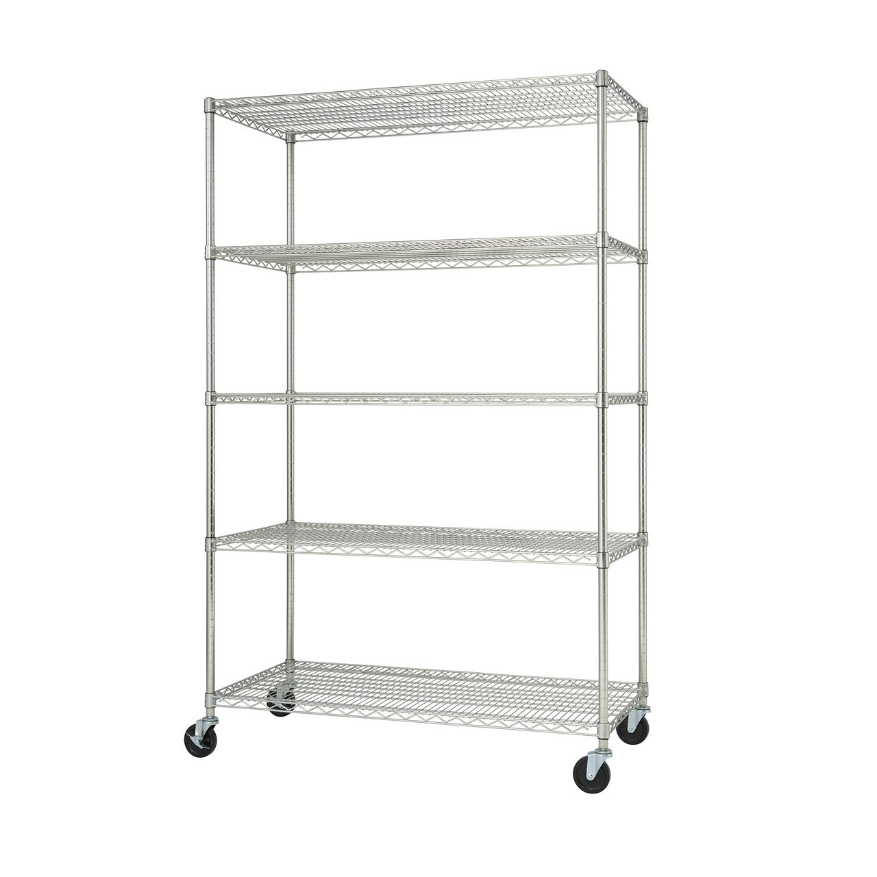 A tall, chrome wire shelving unit with five tiers sits on black wheels against a white background. The shelving rack has an open design made of thin, shiny metal wires forming a grid pattern for each shelf.