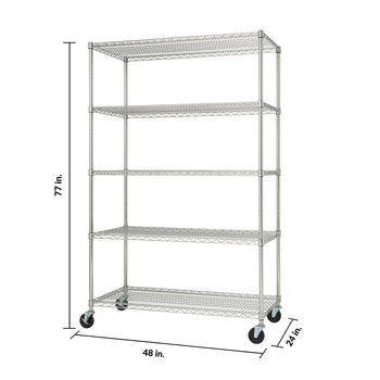 A heavy-duty chrome wire shelving unit with wheels is shown against a white background. The unit has six tiers and measures 77 inches tall, 48 inches wide, and 24 inches deep.