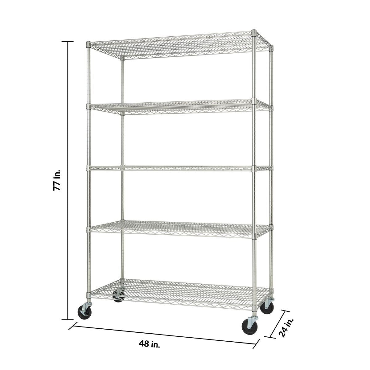 A heavy-duty chrome wire shelving unit with wheels is shown against a white background. The unit has six tiers and measures 77 inches tall, 48 inches wide, and 24 inches deep.