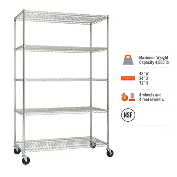 A chrome wire shelving unit with five tiers and four black wheels is shown against a white background. To the right are specifications indicating a maximum weight capacity of 4,000 lbs, dimensions of 48