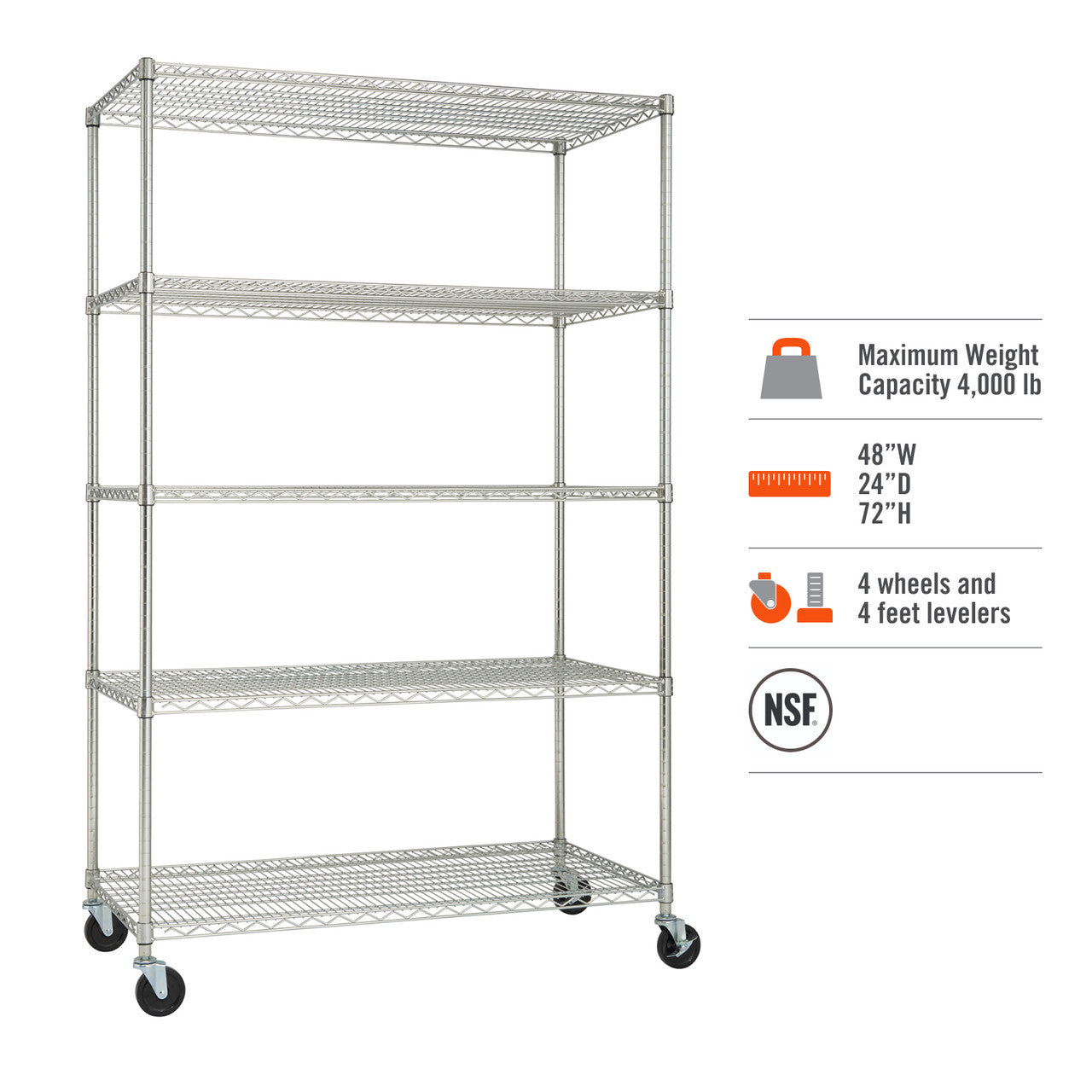 A chrome wire shelving unit with five tiers and four black wheels is shown against a white background. To the right are specifications indicating a maximum weight capacity of 4,000 lbs, dimensions of 48"W x 24"D x 72"H, and that it includes 4 wheels and 4 adjustable leveling feet.