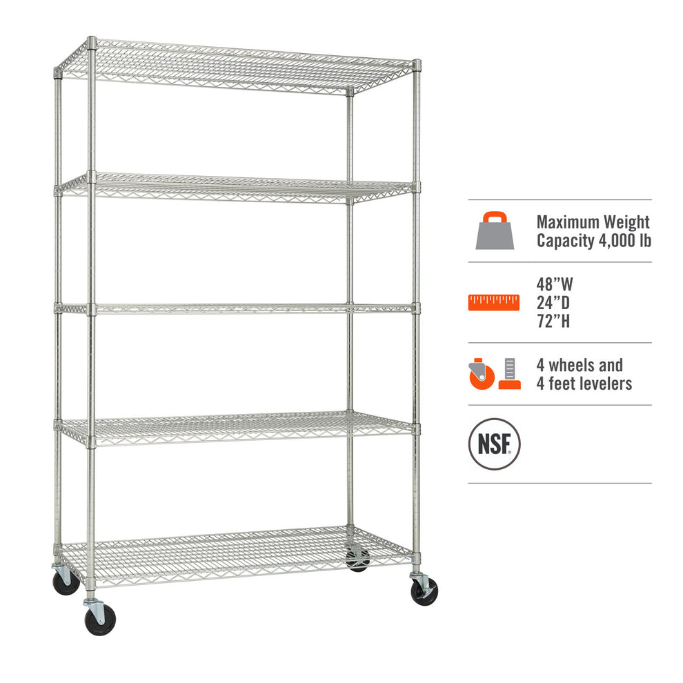 TRINITY EcoStorage® 5-Tier 48x24x72 Wire Shelving, NSF, w/ Wheels ...