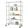A tall, six-tier wire shelving unit with wheels is filled with various kitchen items. On the shelves are a white bowl, canisters of dry goods, a toaster, cutting boards, mugs, bottles, and a large pot.