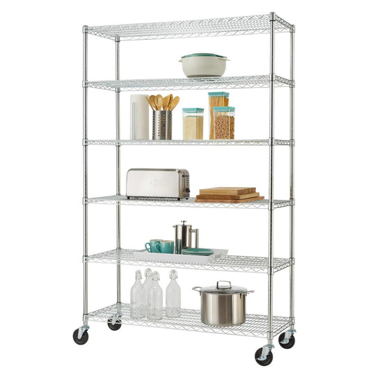 A tall, six-tier wire shelving unit with wheels is filled with various kitchen items. On the shelves are a white bowl, canisters of dry goods, a toaster, cutting boards, mugs, bottles, and a large pot.