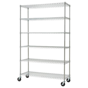 A tall, chrome wire shelving unit with six tiers stands against a white background. The unit is equipped with black caster wheels on its four legs, indicating mobility.