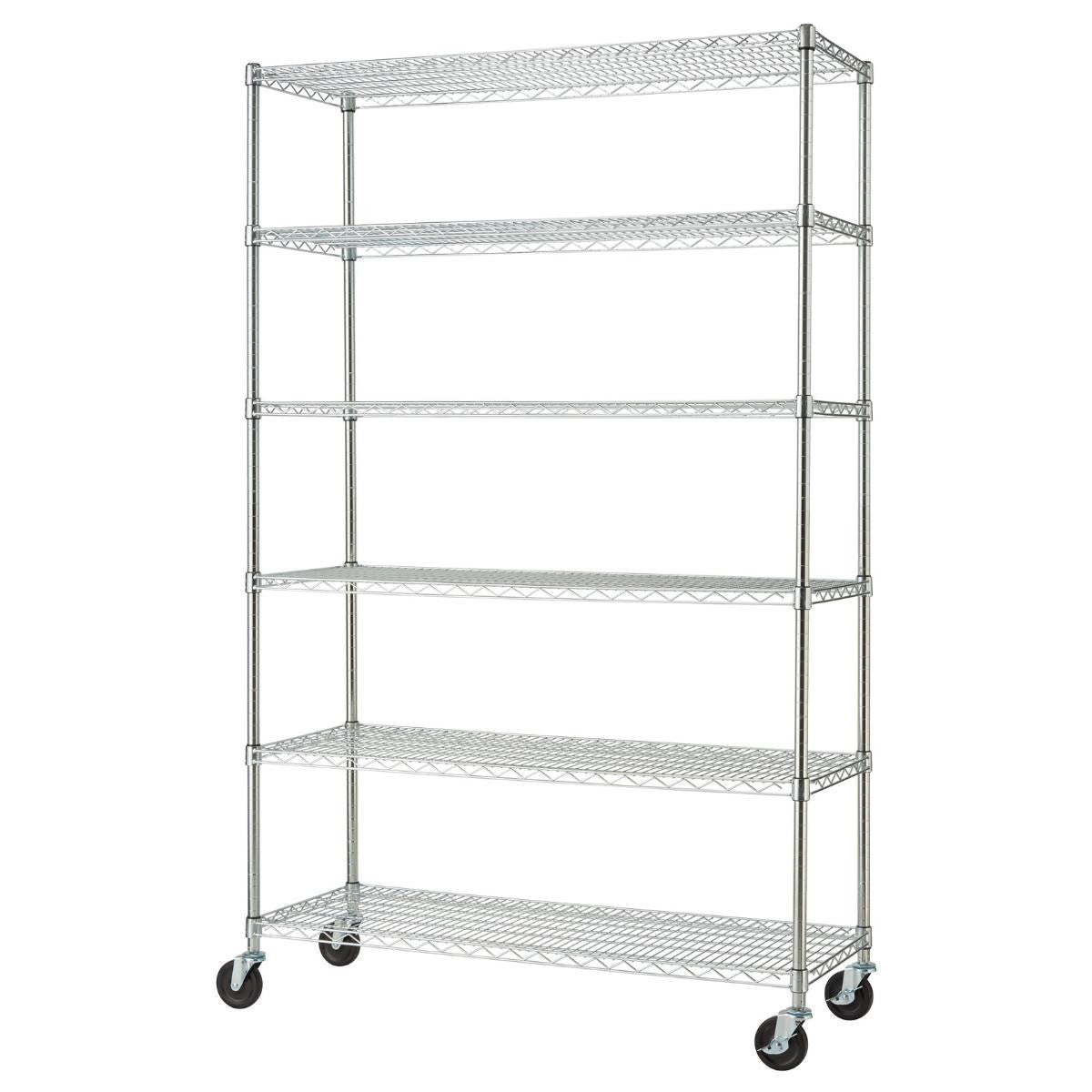 A tall, chrome wire shelving unit with six tiers stands against a white background. The unit is equipped with black caster wheels on its four legs, indicating mobility.