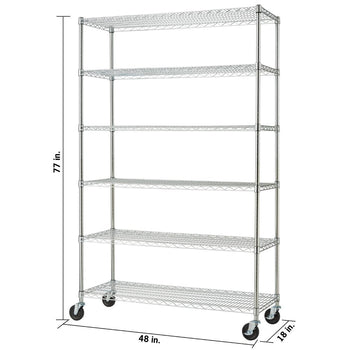 A tall, 6-tier chrome wire shelving unit with wheels is shown from a slightly elevated angle. Dimensions are indicated with arrows: 77 inches in height, 48 inches in width, and 18 inches in depth.