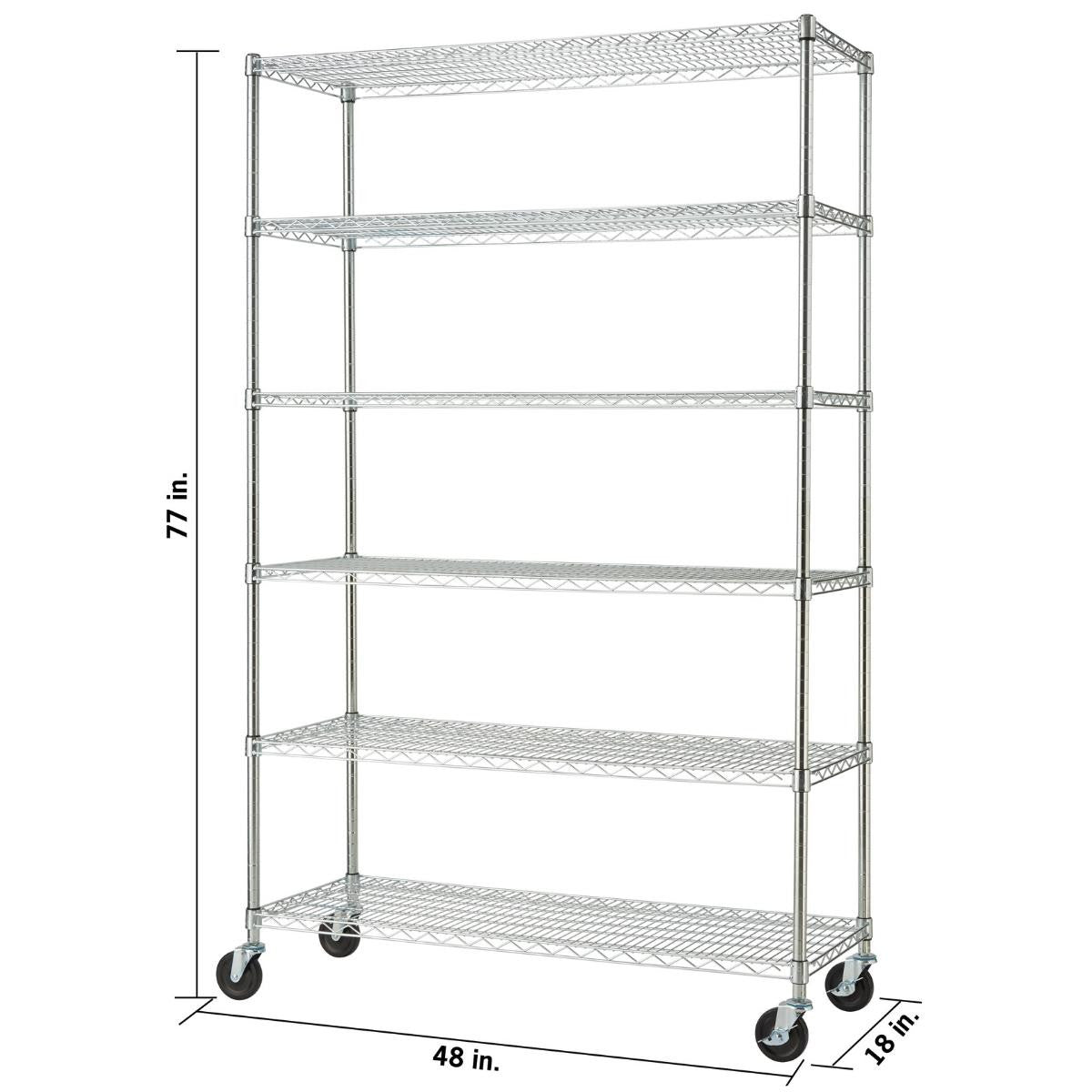 A tall, 6-tier chrome wire shelving unit with wheels is shown from a slightly elevated angle. Dimensions are indicated with arrows: 77 inches in height, 48 inches in width, and 18 inches in depth.