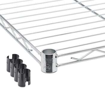 A close-up shot shows a chrome-plated steel wire shelf with a cylindrical collar displaying the 