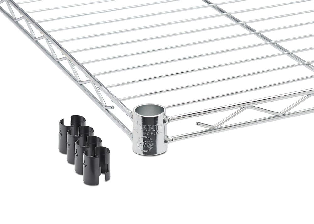 A close-up shot shows a chrome-plated steel wire shelf with a cylindrical collar displaying the "TRINITY BASICS" logo. Beside it are four black plastic shelf clips, essential components for assembling wire shelving units.