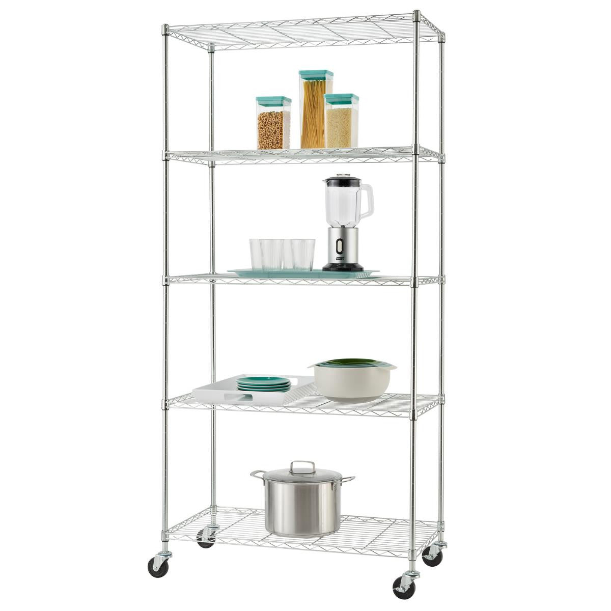 A tall, five-tier wire shelving rack on wheels is shown against a white background. The shelves hold various kitchen items, including storage containers, a blender, dishes, and a pot.