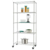 A tall, five-tier wire shelving rack on wheels is shown against a white background. The shelves hold various kitchen items, including storage containers, a blender, dishes, and a pot.