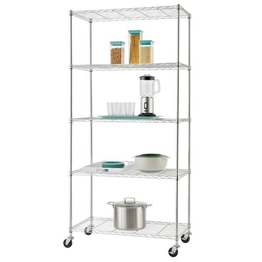 A tall, five-tier wire shelving rack on wheels is shown against a white background. The shelves hold various kitchen items, including storage containers, a blender, dishes, and a pot.