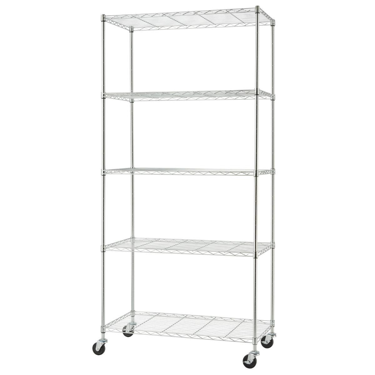 A tall, silver-colored wire shelving unit with five tiers stands against a white background. The unit has four wheels at the bottom for mobility.