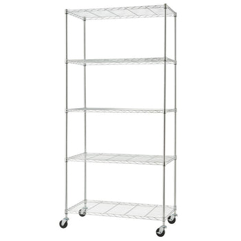 A tall, silver-colored wire shelving unit with five tiers stands against a white background. The unit has four wheels at the bottom for mobility.