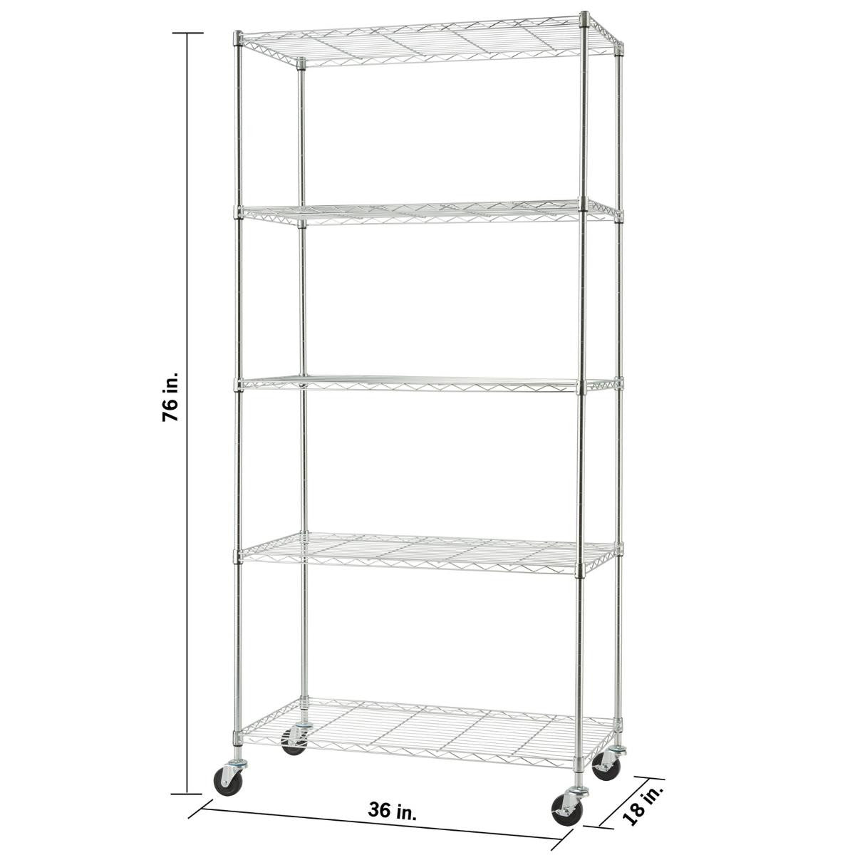 A tall, five-tier chrome wire shelving unit with wheels is shown against a white background. Dimensions are indicated: 76 inches tall, 36 inches wide, and 18 inches deep.