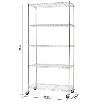 A tall, five-tier chrome wire shelving unit with wheels is shown against a white background. Dimensions are indicated: 76 inches tall, 36 inches wide, and 18 inches deep.