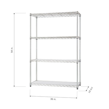 
A wire shelving unit with four shelves. The shelving unit is 54 inches tall, 36 inches wide, and 14 inches deep.
