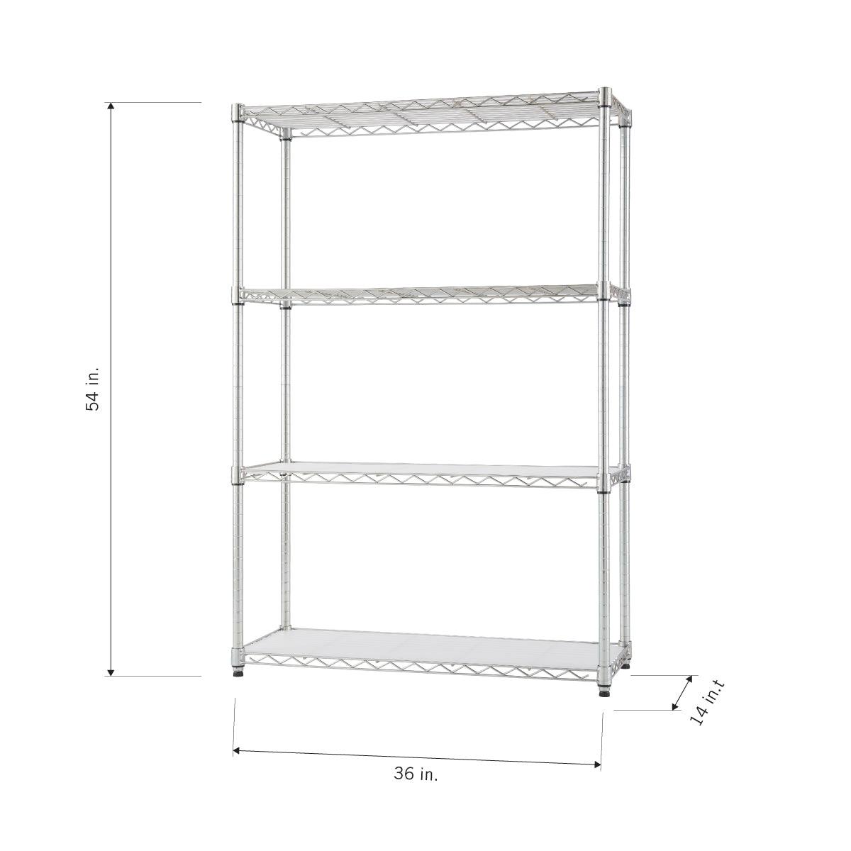 
A wire shelving unit with four shelves. The shelving unit is 54 inches tall, 36 inches wide, and 14 inches deep.