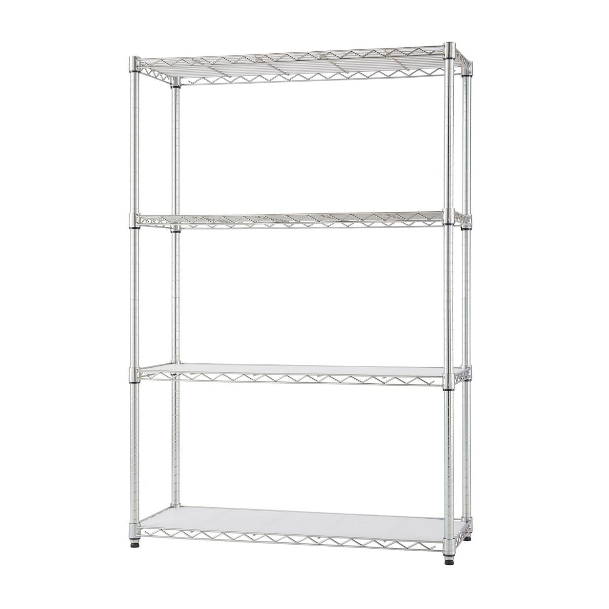 A tall, four-tiered wire shelving unit stands against a white background. The shelves are made of a shiny chrome wire, and the bottom two shelves have white liners.