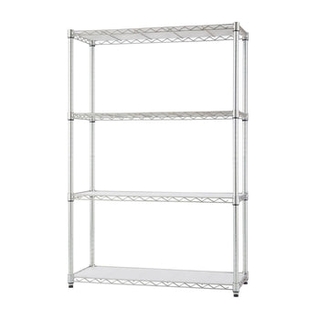 A tall, four-tiered wire shelving unit stands against a white background. The shelves are made of a shiny chrome wire, and the bottom two shelves have white liners.