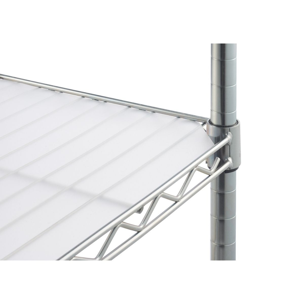 A close-up shows a section of wire shelving with a white, ridged liner on the top surface. The shiny metal frame and support structure are visible, along with a portion of a vertical pole.
