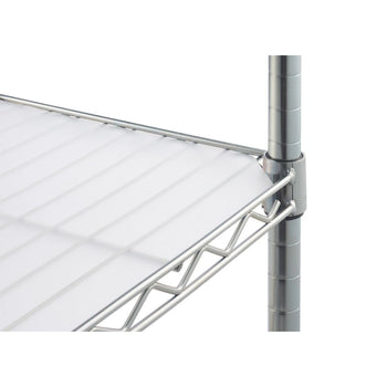A close-up shows a section of wire shelving with a white, ridged liner on the top surface. The shiny metal frame and support structure are visible, along with a portion of a vertical pole.