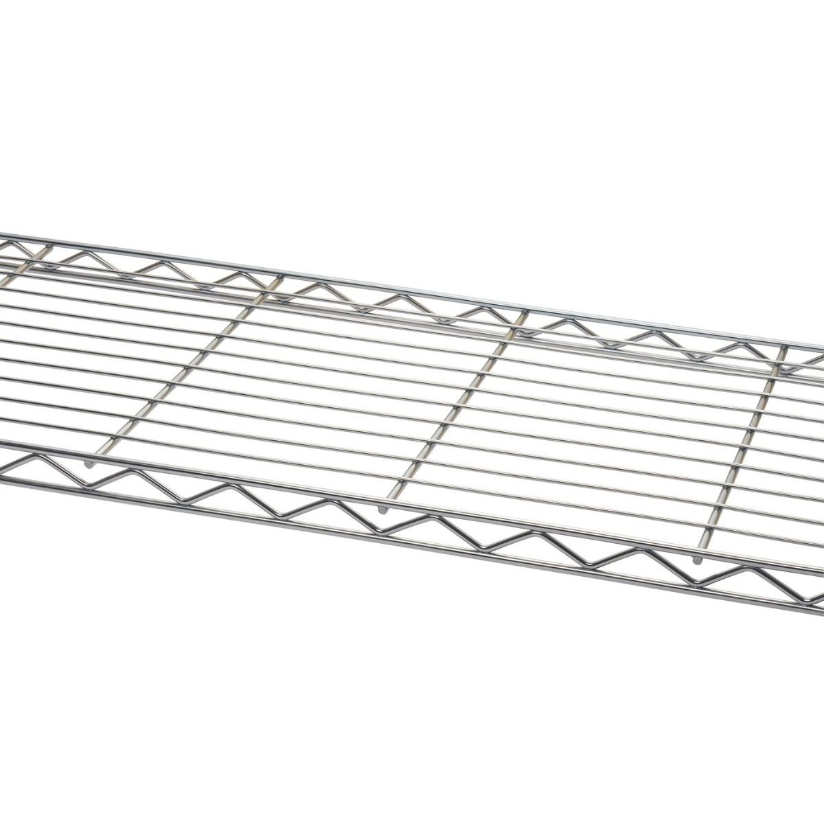 A close-up shows a section of a chrome wire shelf with horizontal and vertical wires forming a grid pattern. The shelf has a raised, wavy border along its edges.