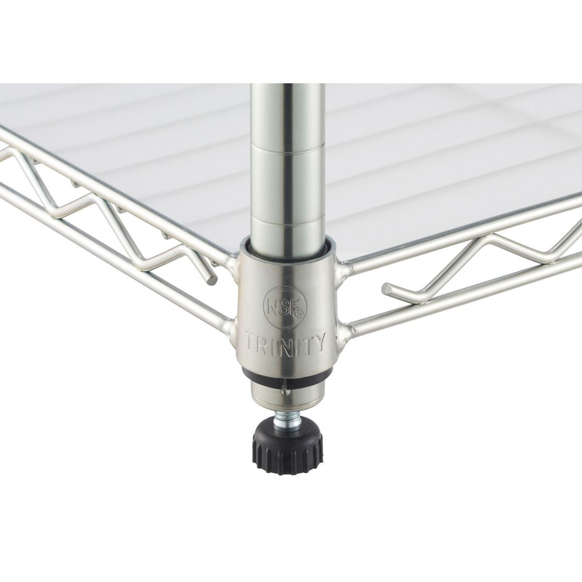 Close-up view of the bottom of a chrome wire shelving unit. The image shows a portion of a wire shelf, a vertical support pole, a connector piece labeled "TRINITY" and bearing an "NSF" mark, and a black adjustable leveling foot.