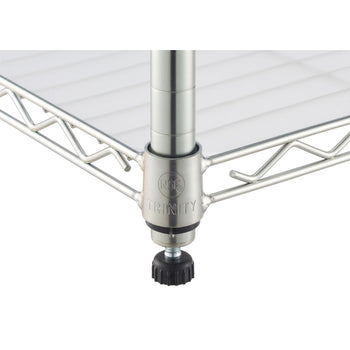Close-up view of the bottom of a chrome wire shelving unit. The image shows a portion of a wire shelf, a vertical support pole, a connector piece labeled 