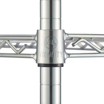 Close-up view of a chrome metal shelving unit's support structure. A black collar sits below a connector piece marked with 
