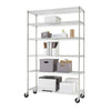 A tall, six-tiered wire shelving rack on wheels is shown against a white background. Various office and household items are neatly organized on the shelves.