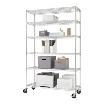 A six-tier chrome color wire shelving rack on black wheel. Each rack is filled with boxes and office supplies.