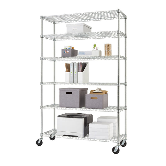A six-tier chrome color wire shelving rack on black wheel. Each rack is filled with boxes and office supplies.