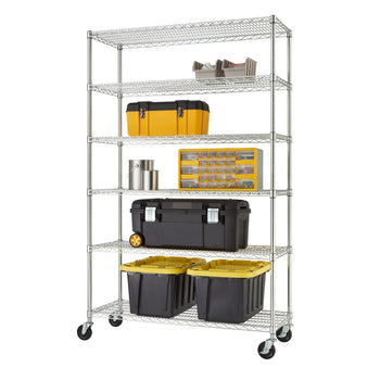 A metal wire shelving unit with six tiers is shown, equipped with caster wheels for mobility. The shelves hold various storage items, including toolboxes, plastic bins, metal cans, and an organizer with small drawers.